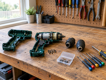Cordless drill disassembled for repair on a workshop bench with tools and replacement parts.